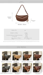 Detail view showing dimensions and color options for the woven PU leather crescent bag