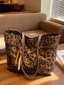 Women Suede Tote Bag Large Capacity Leopard Zebra Print Shoulder Bag Bohemian Beaded Tassel Vintage Fashion Handbag