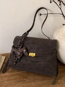 Vintage Maillard Style Large Capacity PU Leather Shoulder Bag For Women Retro Briefcase Tote With Dachshund Pendant Handbag