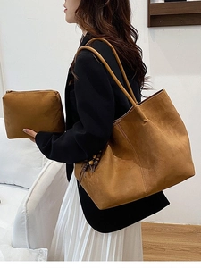Minimalist large brown tote bag and pouch set in soft matte faux suede leather