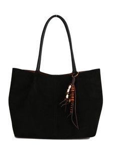 Large black suede tote bag for women with wooden bead tassel and bohemian shoulder strap