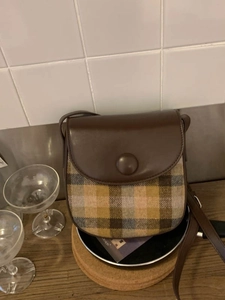 Vintage Plaid Splicing PU Leather Saddle Crossbody Bag For Women Small Retro Flap Shoulder Bag With Magnetic Buckle Fall Winter