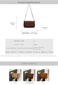 Size chart showing 27x18x10cm dimensions for a vintage PU leather crossbody bag