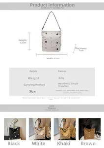 Detailed size specifications and material chart for the embroidered canvas tote bag