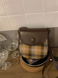 Retro plaid saddle bag with brown leather flap and round buckle for women's daily fashion