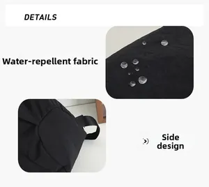 Detail of water-resistant nylon fabric with droplets and reinforced side stitching