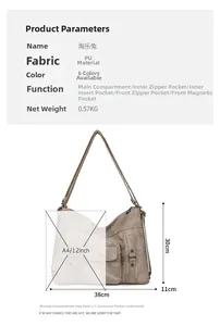 Brown PU leather shoulder bag with multiple zip pockets and dimension specs 38x30x11cm