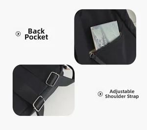 Detail of black canvas backpack showing the anti-theft back pocket and adjustable metal buckle