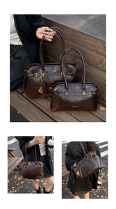 Detail of dark brown glossy tote bag showing large and small sizes with metallic buckles