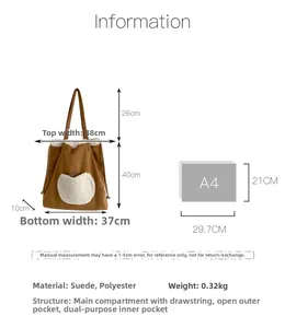 Detail of large brown suede tote bag with measurements and A4 size comparison guide