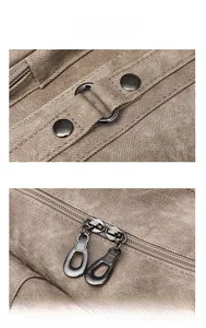 Detail view of durable metal rivets and smooth dual zippers on brown shoulder bag