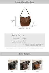 Detailed size guide and material specs for the minimalist PU leather bucket bag