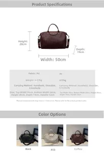 Guide des tailles pour grand sac de voyage montrant dimensions 50x28x19cm et tissu PU