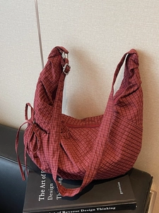 Women Large Capacity Checkered Canvas Hobo Bag Plaid Crossbody Bag Casual Shoulder Bag With Drawstring Bow Decoration