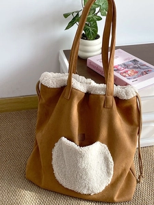 Women's Large Capacity Suede Sherpa Patchwork Heart Tote Bag Autumn Winter Casual Drawstring Shoulder Bag For Daily Use