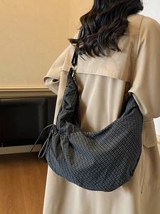 Checkered canvas underarm bag with large capacity and drawstring crescent design