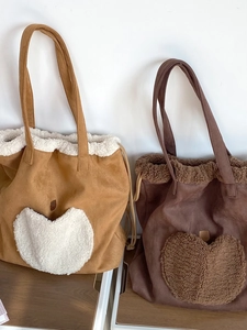 Faux suede tote bag with heart-shaped fleece patch in camel and dark coffee colors