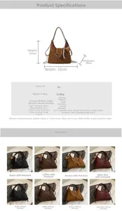 Detailed chart showing PU leather tote bag dimensions and multi-color options available