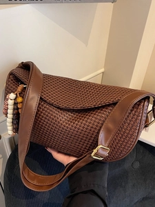 Fashion Woven PU Dumpling Crossbody Bag For Women Retro Casual Bohemian Shoulder Bag With Bead Ornament Daily Handbag