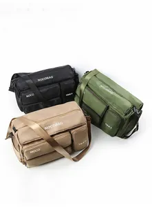 Three multi-pocket nylon travel bags in black, army green and khaki with shoulder straps