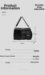 Detailed dimension guide for black nylon travel bag with adjustable strap and multi-pockets