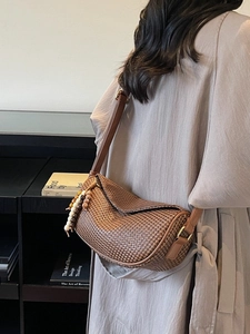 Fashion woven straw dumpling bag with beaded charm and adjustable strap for women
