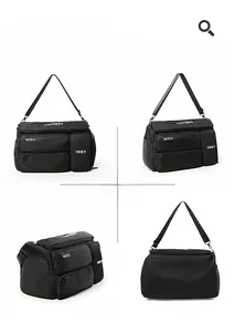 Multi-angle views of a black versatile nylon sports bag with multiple zipper pockets