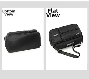 Detail view of the black multi-functional travel bag bottom and front flat layout