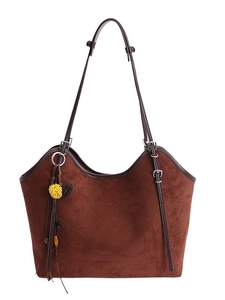 Vintage dark brown faux suede tote bag with leather trim and tassel for women