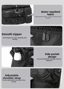 Detail of waterproof fabric, smooth double zippers, and adjustable shoulder straps on travel bag