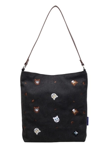Large capacity canvas tote bag with colorful cat embroidery and brown shoulder strap
