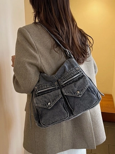 Sac fourre-tout rétro en denim délavé gris avec double poche et bandoulière souple