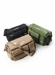 Detail of waterproof nylon travel bags with multiple pockets and adjustable straps