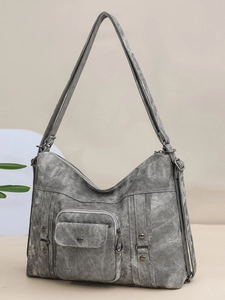 Vintage gray multi-pocket underarm shoulder bag with rivet accents for daily commuting