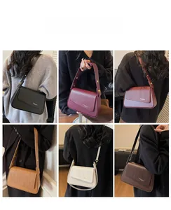 Detailed six-color grid showing stylish flap shoulder bags with woven texture details