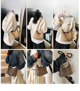Detail shots of a vintage plaid hobo bag with chain strap shown on a model