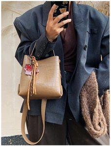 Detail of brown crocodile pattern bucket bag with leopard bear charm and leather tassels