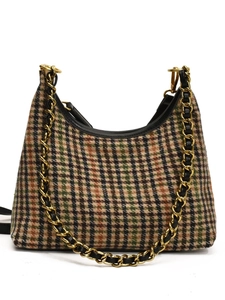 Chic tweed half-moon crossbody bag with vintage plaid pattern and golden chain strap