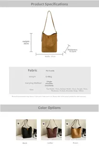 Detailed size specifications and material chart for large suede bucket tote bag