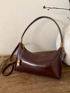 Retro Glossy PU Leather Underarm Bag For Women Elegant Baguette Shoulder Bag With Metallic Bean Pendant Daily Casual Crossbody Bag