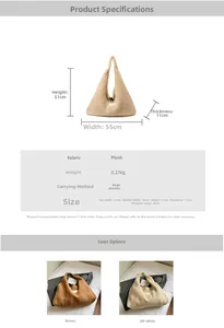 Detailed size chart and dimensions of the large plush lamb wool tote bag in two colors