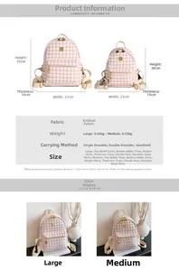 Size chart showing large and medium dimensions for pink plaid knitted backpack