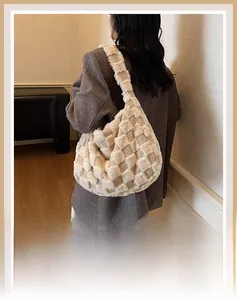 Detail of soft beige plaid plush tote bag with fluffy texture and large capacity