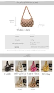 Detailed size chart and multi-color options for large checkered plush tote bag