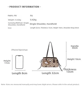 Size guide for minimalist PU tote bag showing dimensions and iPhone 16 Pro Max comparison