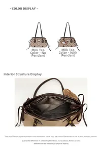 Detailed view of milk tea tote bag with heart patterns and striped inner lining