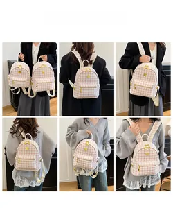 Detail shots of pink tweed backpack featuring heart zippers and versatile carrying styles