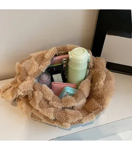 Internal view of large capacity plush tote bag showing spacious storage for daily items