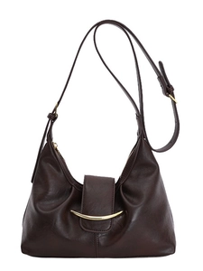 Modern dark brown minimalist hobo shoulder bag with a curved gold metal accent piece