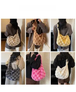 Collage of model wearing checkers plush shoulder bag in multiple colors and style options
